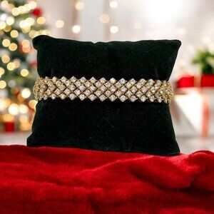 Stunning Sterling Gold Vermeil Rhinestone Carpet Statement Bracelet 7.5" 1.49 oz